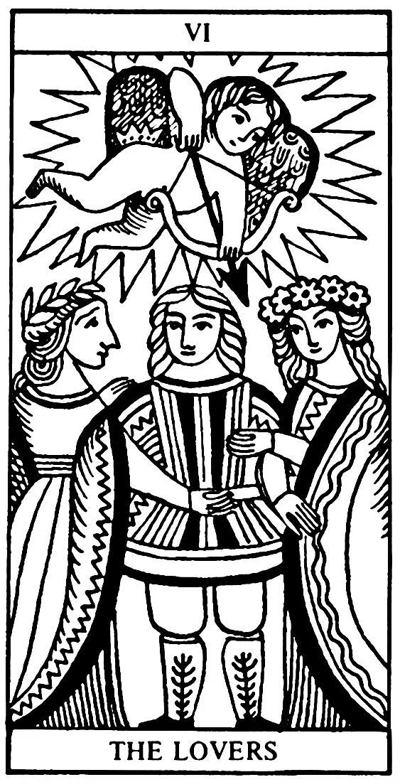 The Lovers, Chariot, Strength and Hermit tarot cards, associated with choice, willpower, instinct and introspection.