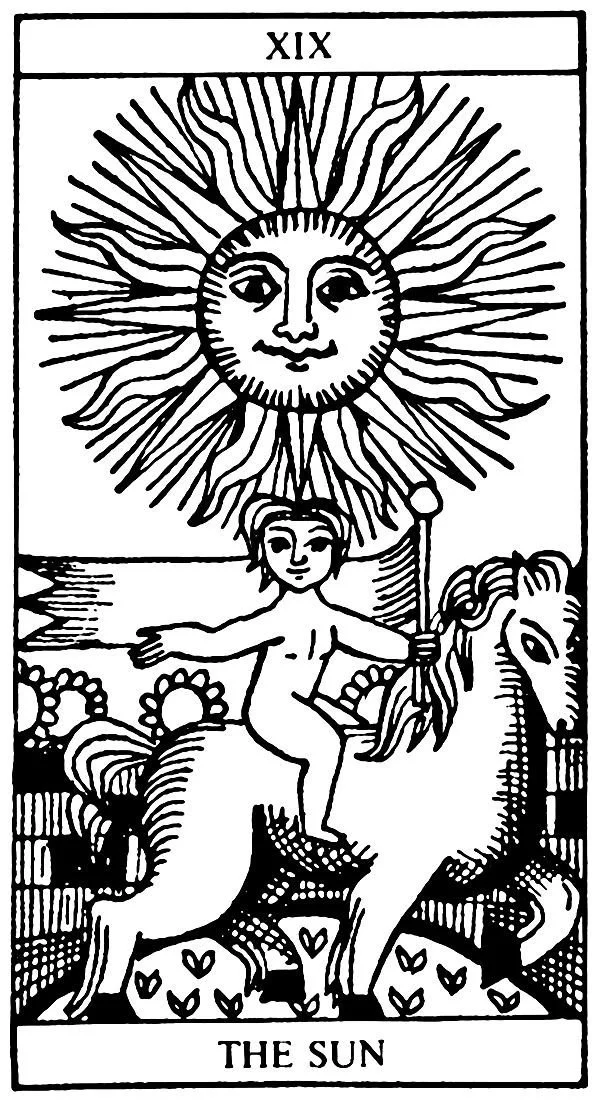 The Sun tarot card depicting a radiant sun above a child riding a white horse, symbolising clarity, vitality and awakening.