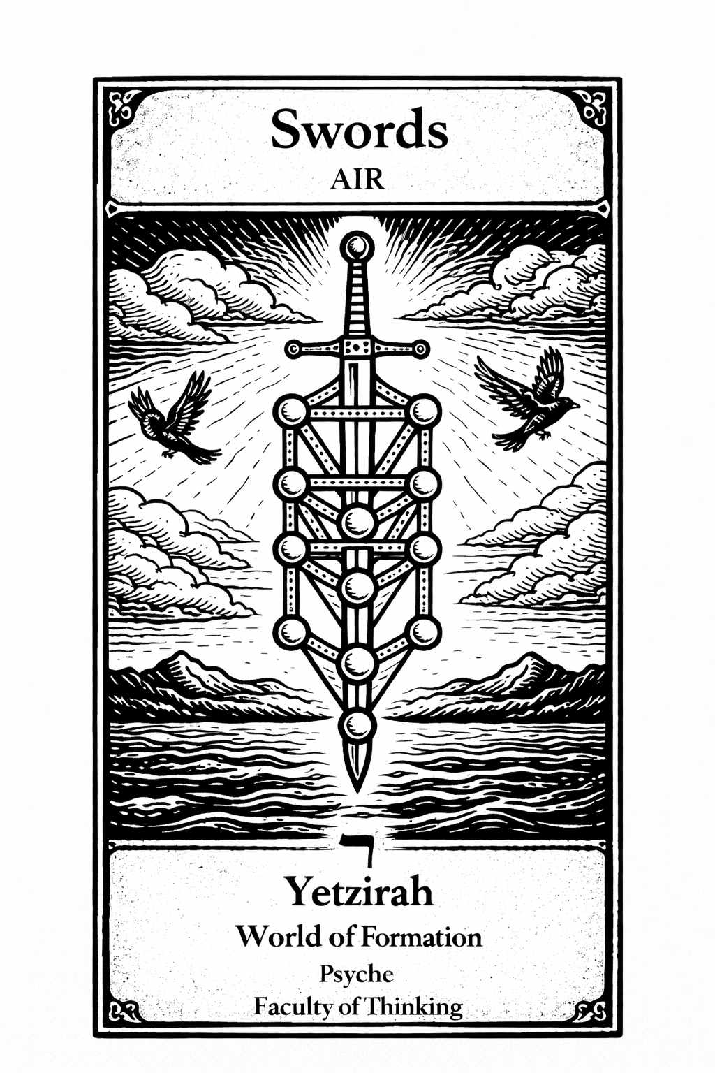 Tarot illustration exploring Air, the World of Yetzirah and the suit of Swords as symbols of intellect and clear thinking.
