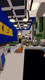 Interior of a modern shop with LED ceiling lights, a checkout counter with a cashier, a plant wall, and shelves with products.