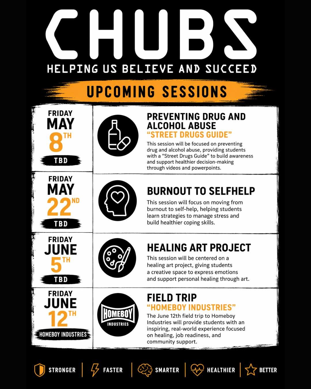 🚨 CHUBS UPCOMING SESSIONS 🚨

We&rsquo;re continuing to build momentum with powerful sessions focused on awareness, growth, healing, and real-world inspiration. Each session is designed to help our youth become Stronger. Faster. Smarter. Healthier. 