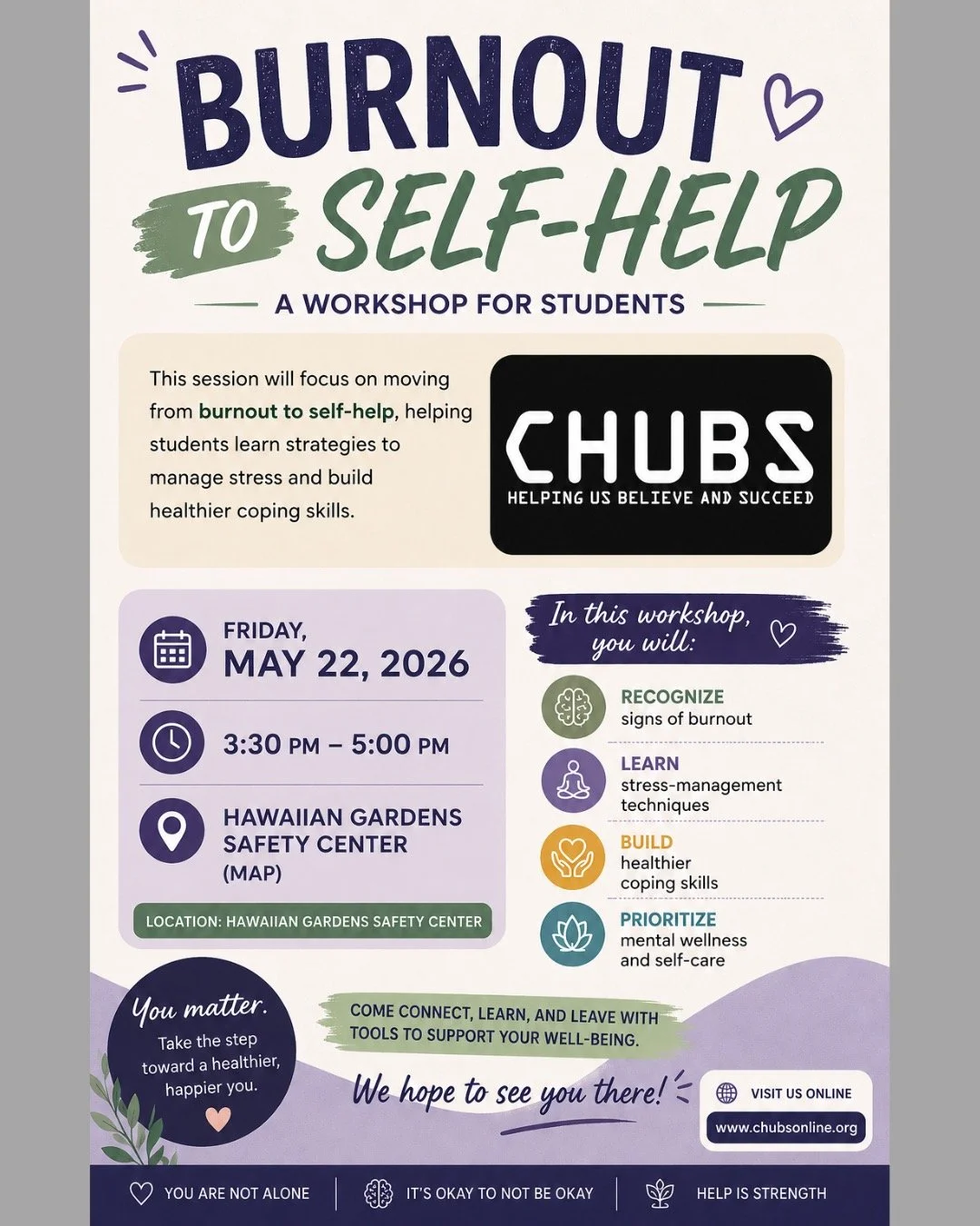 Feeling overwhelmed? You&rsquo;re not alone. Join us for an empowering workshop focused on turning burnout into self-help and learning healthy ways to manage stress. 💙
📚 Burnout to Self-Help Workshop
🗓 Friday, May 22, 2026
⏰ 3:30 PM &ndash; 5:00 P