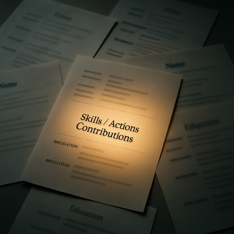 Pile of resumes with Skills / Actions / Contributions glowing