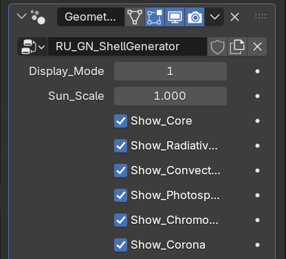 Screenshot of the Blender interface showing Geometry Nodes controls for display mode and visibility toggles for the Sun’s layers.