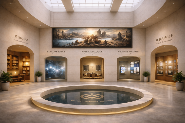 AI concept image showing a reflective learning centre interior with a circular pool, resource rooms, literature area, and public dialogue spaces.