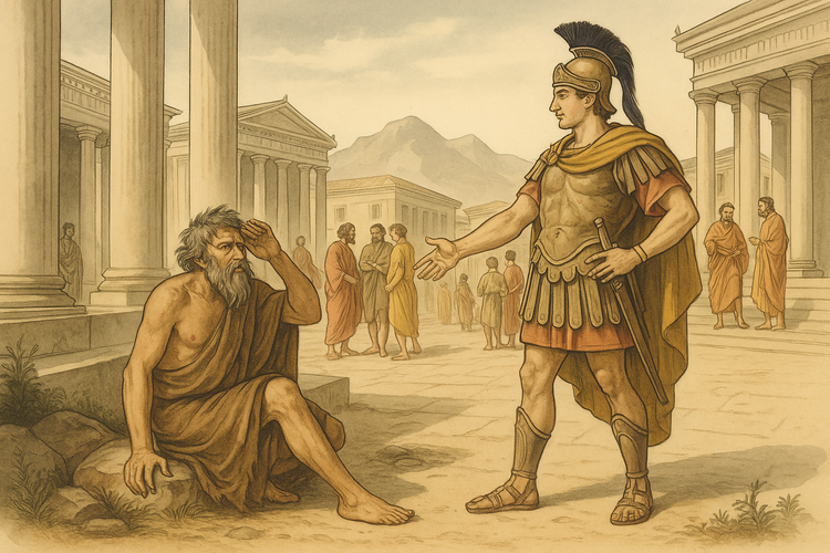 Imagined scene of Diogenes meeting Alexander the Great