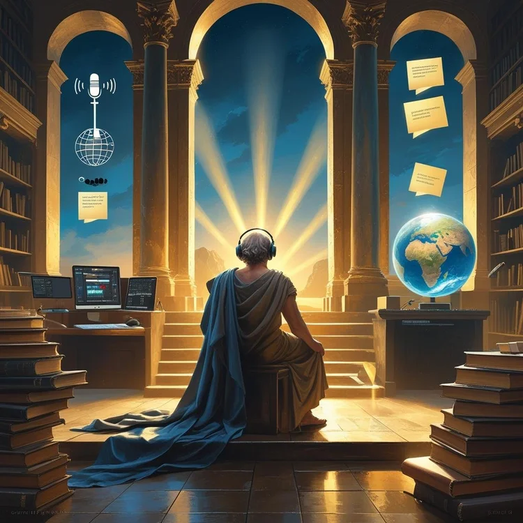 A robed philosopher gazes toward a glowing horizon, surrounded by books, podcast equipment, and a digital globe