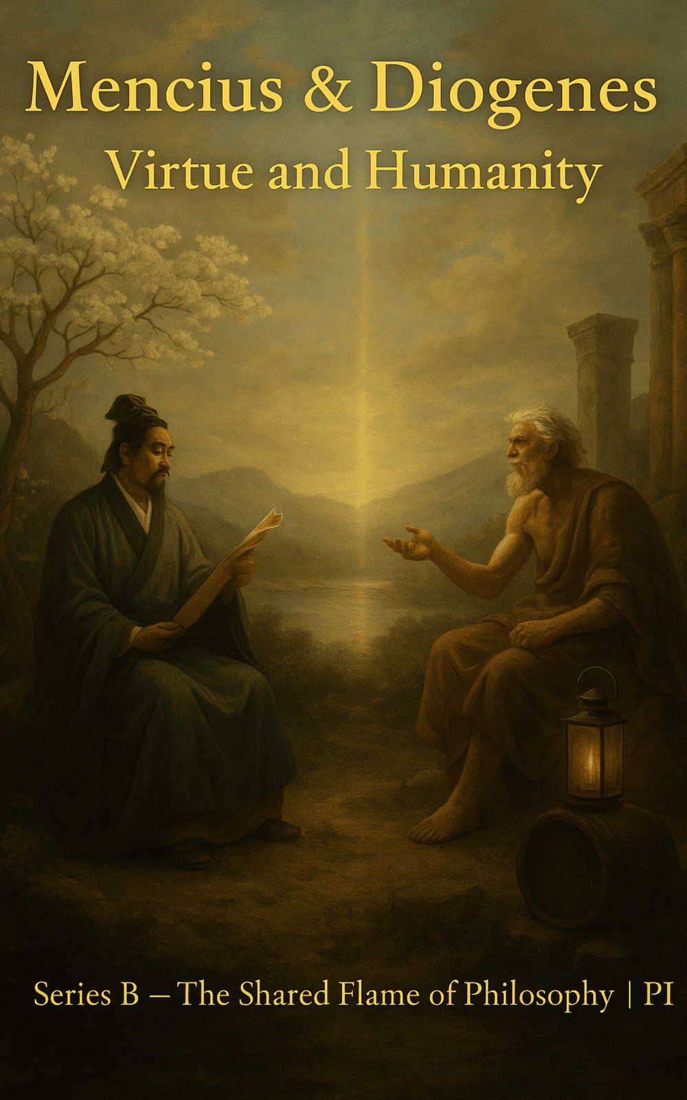 Cover art for Mencius & Diogenes — Virtue and Humanity: silhouettes symbolising a dialogue across worlds.