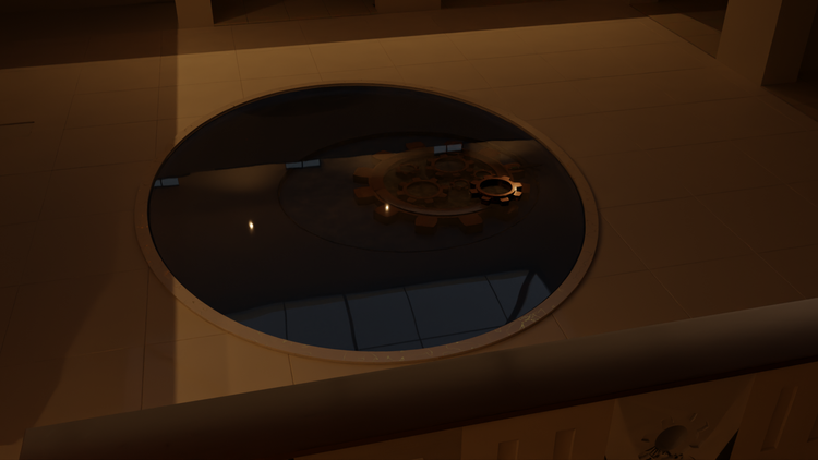 Interior 3D render of a circular reflection pool with the Equality Without Distinction logo visible beneath the water.