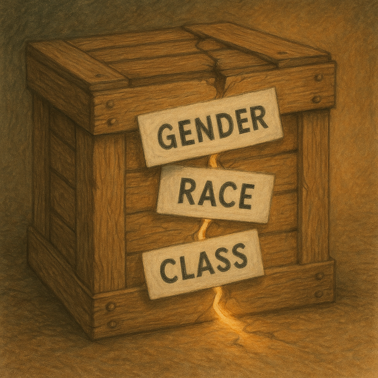 Cracked box with labels Gender, Race, Class and light spilling out