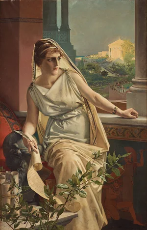 Nineteenth-century painting of Hypatia seated beside scrolls and holding a writing implement, with an imagined view of Alexandria behind her.