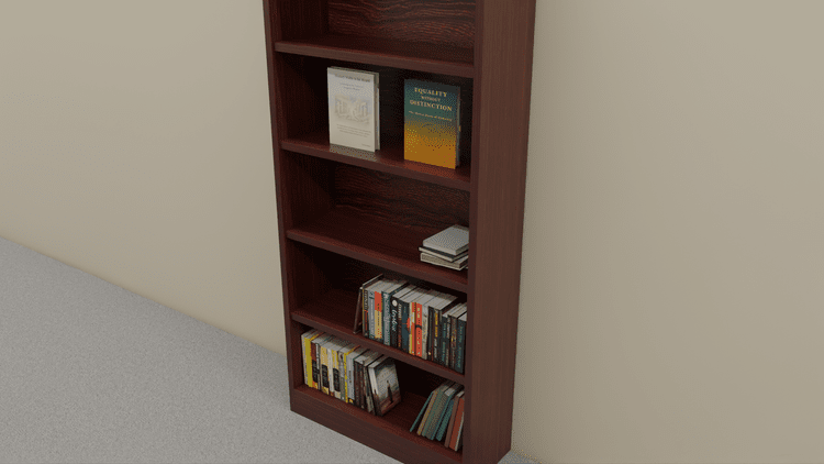 3D render of a wooden bookshelf showing copies of History Waits to Be Heard and Equality Without Distinction among other books.