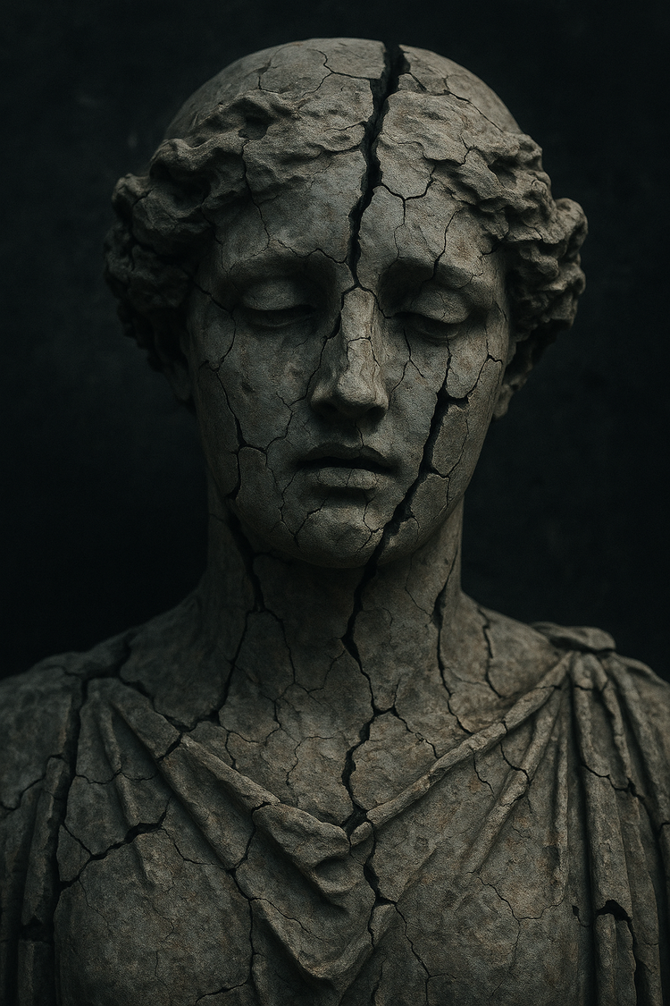 A cracked stone statue of a woman with eyes closed.