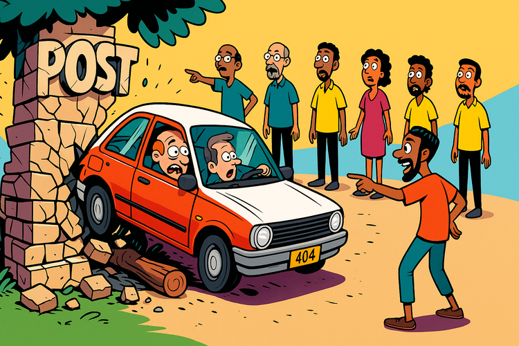 Cartoon of a car crashing into a POST sign while people point directions
