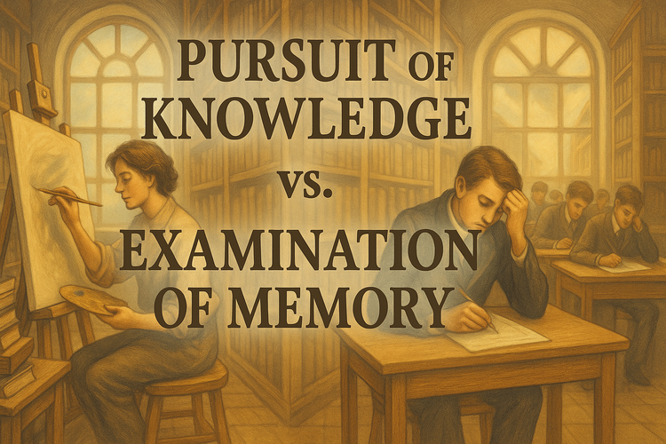 Split scene: an artist creating freely vs students sitting identical exams—contrasting pursuit of knowledge with examination of memory.