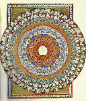 Medieval illumination associated with Hildegard of Bingen showing angels and visionary imagery.