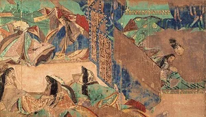 Scene from the illustrated Tale of Genji handscroll showing figures within the architectural setting of a Heian aristocratic residence.