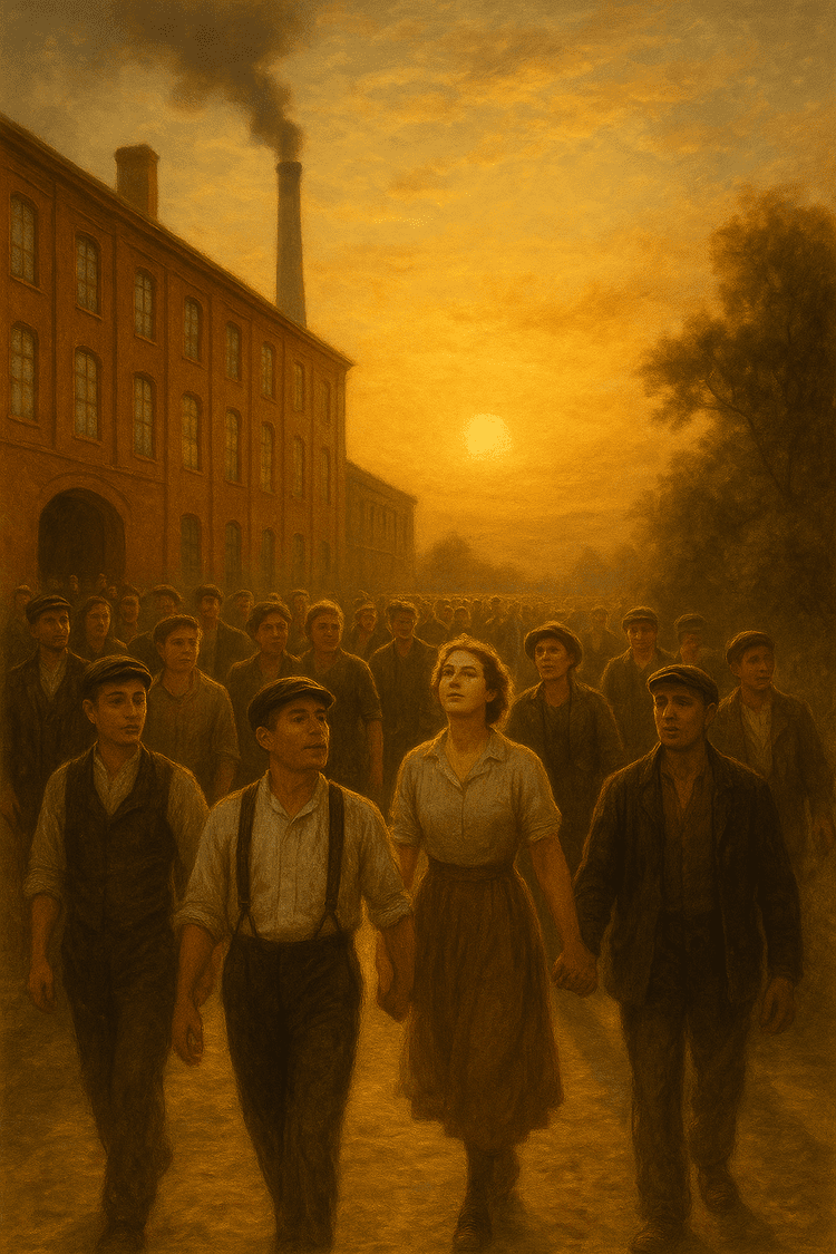 Oil painting of early 20th-century factory workers leaving a brick industrial building at sunset, warm golden light illuminating their faces as they walk into the open air, symbolising the birth of the weekend and reclaimed freedom.