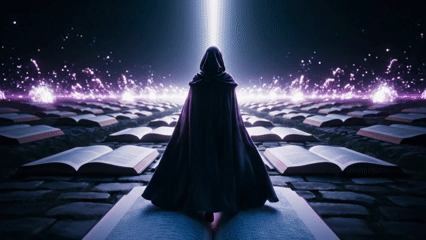 A cloaked figure stands on a glowing field of open books beneath a vertical beam of light — knowledge as a journey toward understanding.
