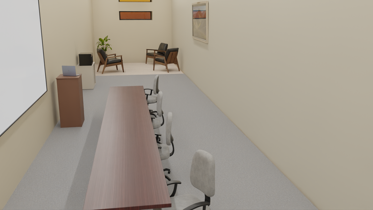 Interior 3D render of a learning room with a long table, chairs, projector screen, raised seating area, plants, and framed wall art.