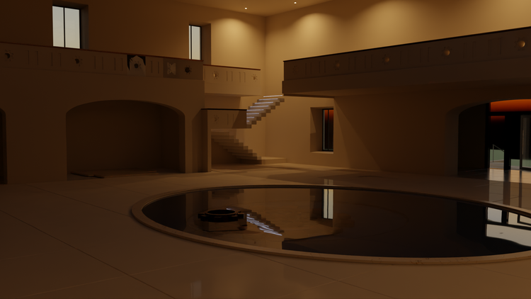 Wide interior 3D render of the main concourse showing the reflection pool, balcony, stairs, upper walkway, windows, and warm lighting.