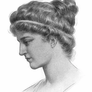 Black-and-white imagined profile portrait of Hypatia with her hair arranged in a classical style.