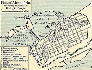 Historical map of ancient Alexandria showing the harbour, street plan, Serapeum and major civic areas.