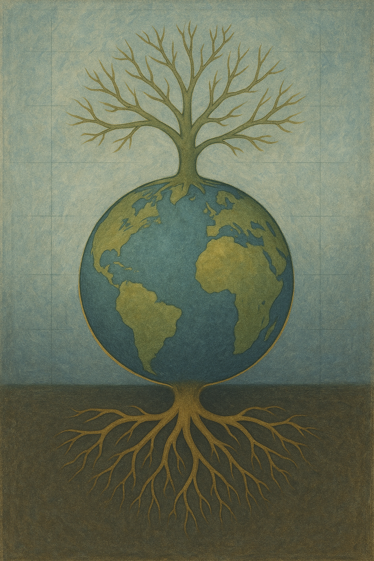 Illustration of a globe with roots and branches symbolising global solidarity.
