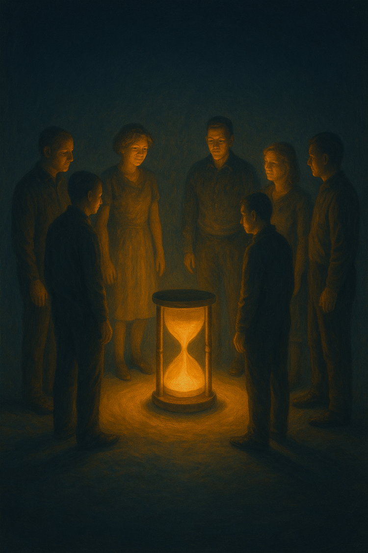Painterly image of seven people of different ages and backgrounds standing in a circle around a glowing golden hourglass, their faces softly illuminated by warm light, symbolising time as a shared rhythm and human equality.