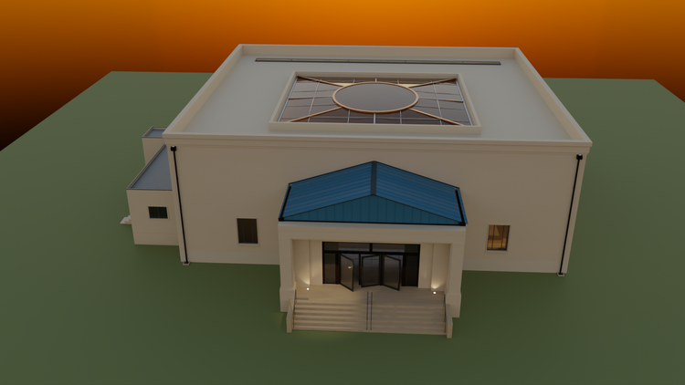 Front exterior 3D render of the virtual building showing the main entrance, blue roof canopy, skylight, and exterior lighting.