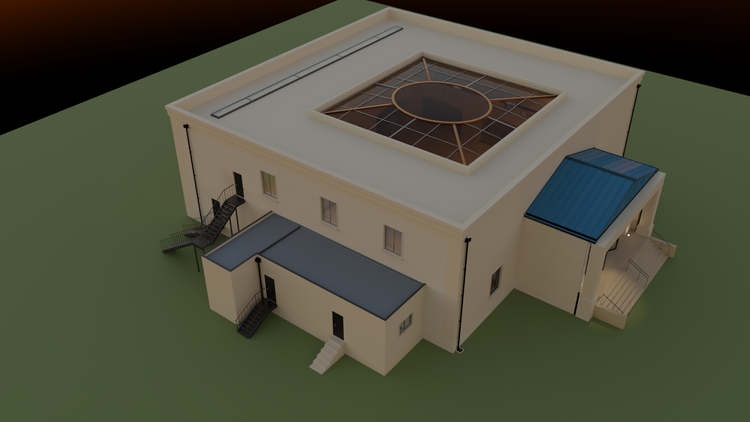 Exterior 3D render of the virtual building showing the skylight, rear structures, and fire escape stairs.