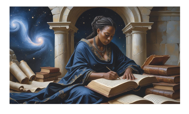Woman writing beneath the headline ‘She Wrote to Be Remembered / We Write So She Won’t Be Forgotten’