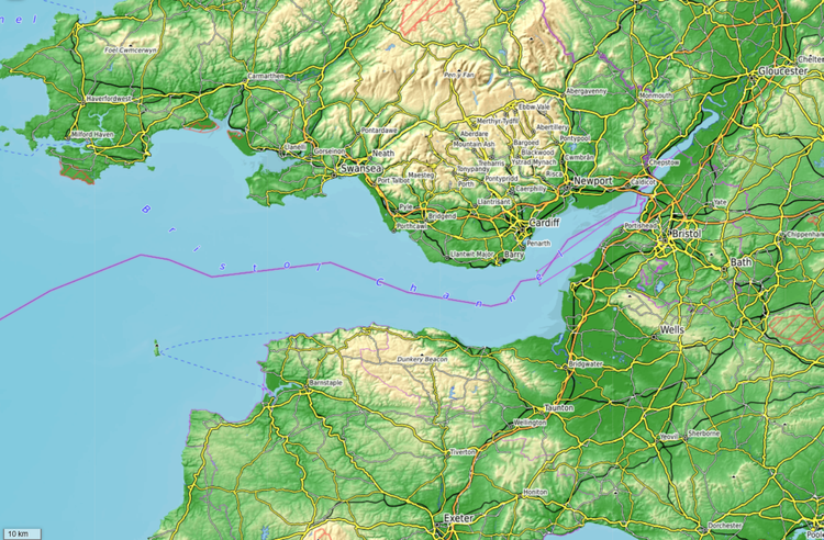 Map-style view of the Severn Estuary and Bristol Channel coastline, showing the narrowing funnel shape that amplifies tides and surge.