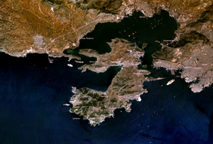 Satellite view of Salamis Island and the surrounding straits in Greece