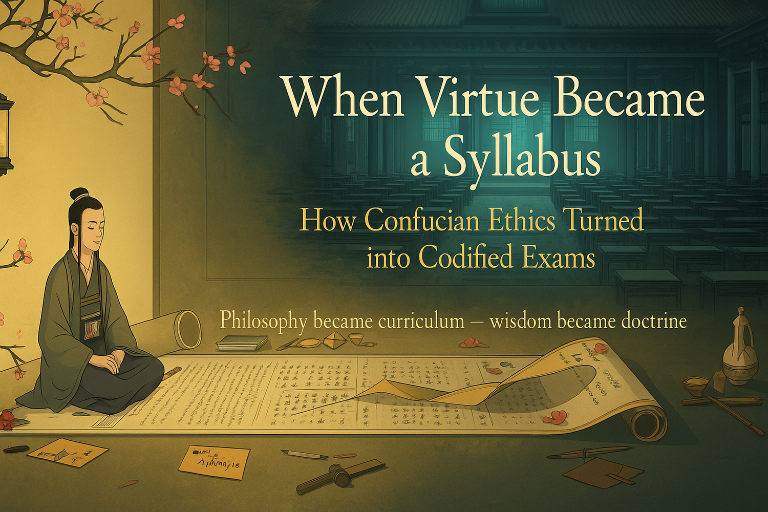 Imperial exam hall fades into rows of desks; a scholar studies beside an unfurled scroll with ink and tools.