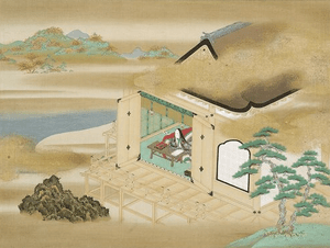 Later Japanese artwork showing Murasaki Shikibu seated at Ishiyama-dera and associated with the composition of The Tale of Genji.