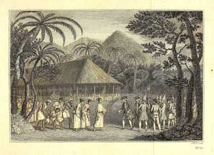 Historical engraving showing Captain Samuel Wallis in conversation with Purea, labelled Queen Oberea
