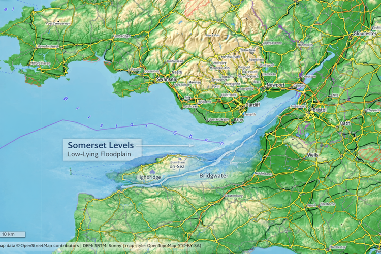 Illustrative flood-extent estimate overlay for the Somerset Levels and Severn Estuary region, used to show scale rather than exact boundaries.