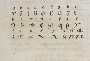 Manuscript page showing Hildegard of Bingen's invented alphabet known as the Litterae ignotae.