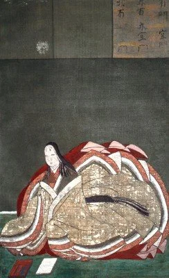 Traditional painted portrait of Murasaki Shikibu seated in layered court robes.