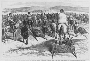 Historic illustration depicting Crazy Horse travelling to surrender