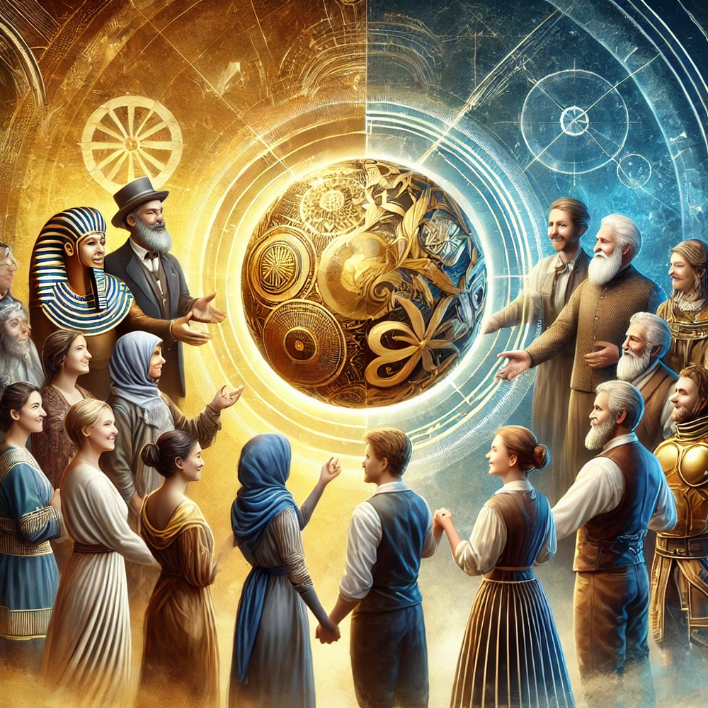 People from different time periods gathered around a glowing orb to celebrate progress