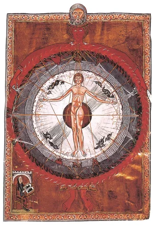 Medieval illumination from Hildegard of Bingen's Liber Divinorum Operum showing a human figure within a cosmic structure.