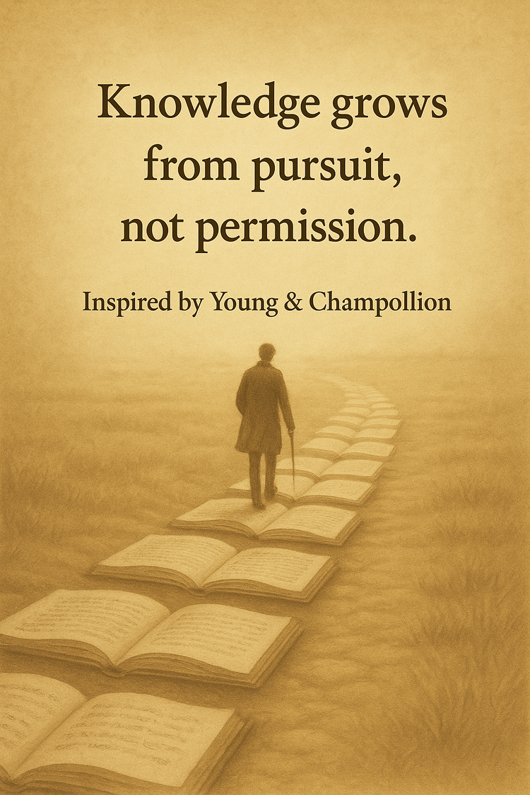 A traveller walking a path made of open books beneath a parchment sky with the words: Knowledge grows from pursuit, not permission.