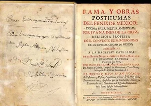 Historical title page of Fama y obras póstumas del Fénix de México, a posthumous collection of Sor Juana's works.