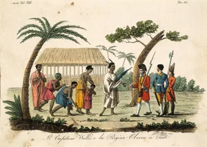 Historical illustration of Captain Samuel Wallis and Purea at Tahiti