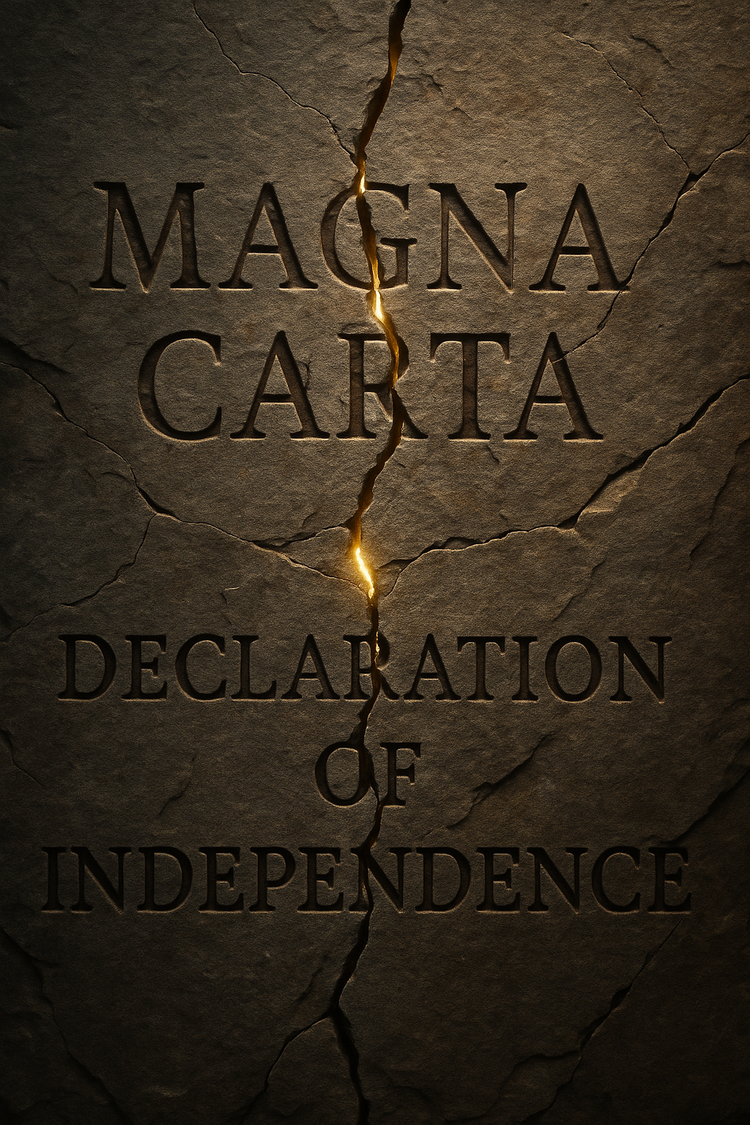 Cracked stone tablet Magna Carta and Declaration of Independence with light seeping through