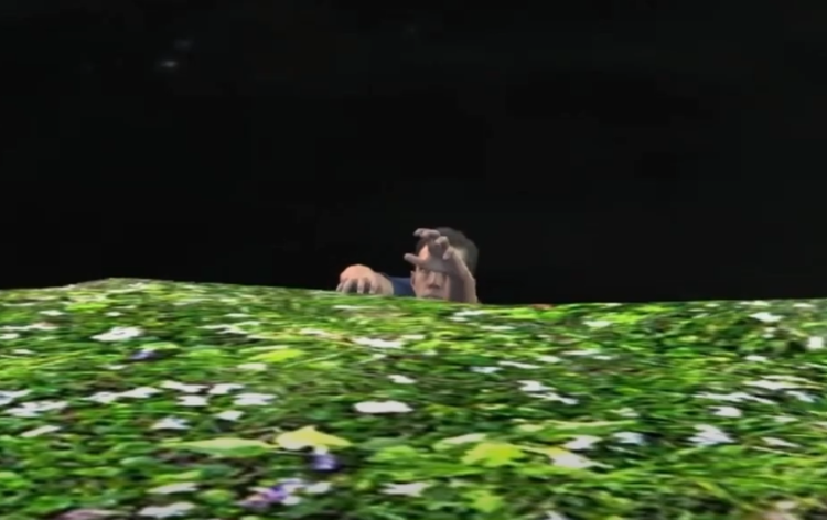 Character clinging to a grassy cliff edge, reaching upward in struggle
