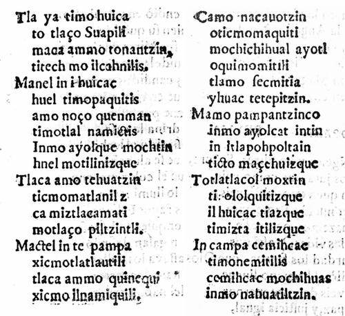 Printed page of a tocotín by Sor Juana incorporating Nahuatl language.