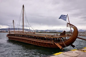 The reconstructed ancient Athenian trireme Olympias at Flisvos Marina in Greece